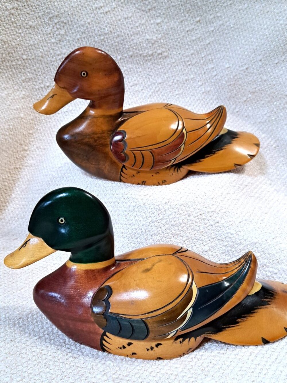 SOLID WOOD DUCK DECOYS MALLARD & HEN SIGNED BOTTOM ASIAN INSPIRED